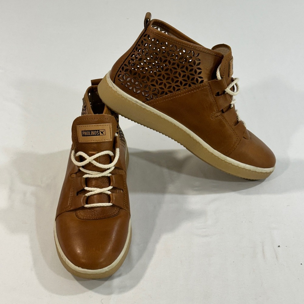 Pikolinos Lagos Leather High Top Sneakers Womens 40 Brown Laser Cut Floral Shoes